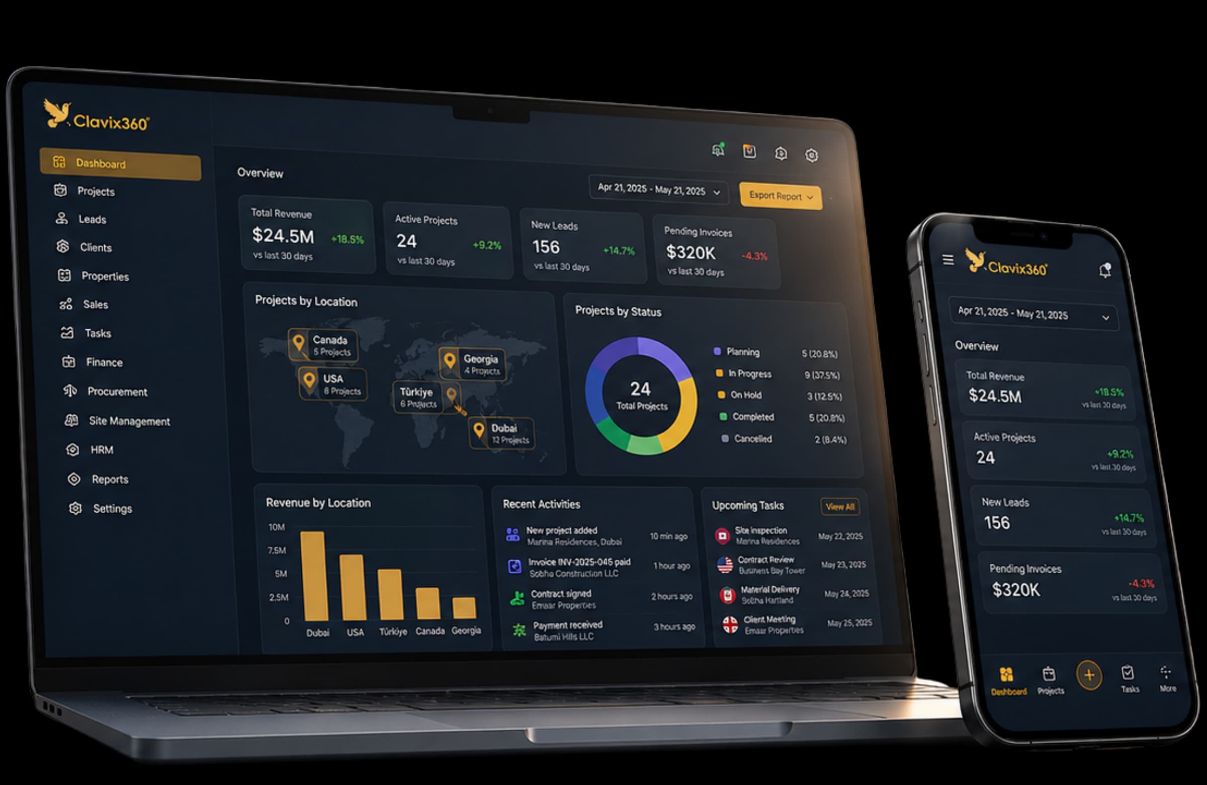 لوحة Clavix 360° مفتوحة في الوقت نفسه على حاسوب محمول وهاتف، وتعرض على كليهما الأرقام ذاتها لإجمالي الإيرادات والمشاريع النشطة والعملاء المحتملين الجدد والفواتير المعلّقة.